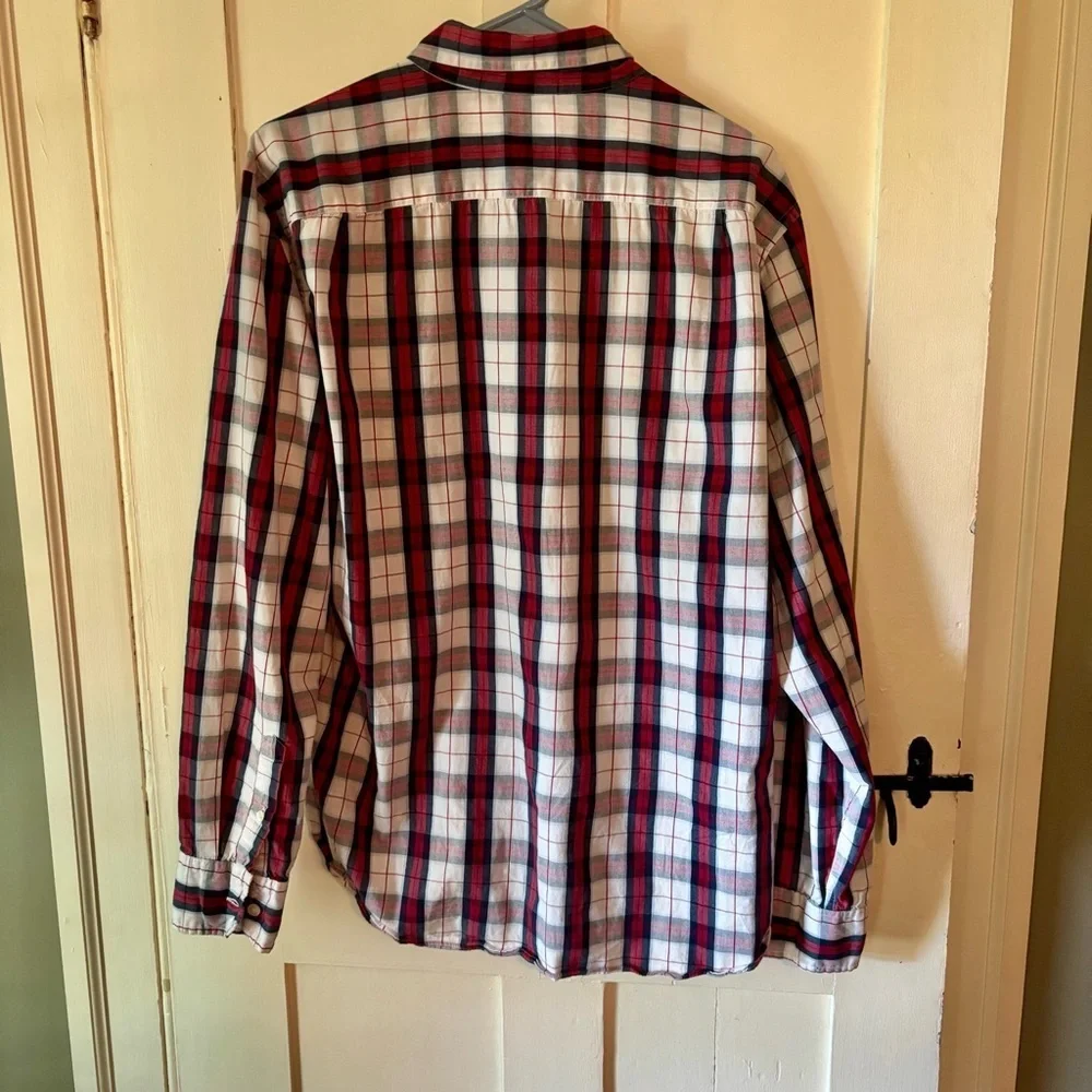 J. Crew Men's Navy, Red, and White Plaid Shirt